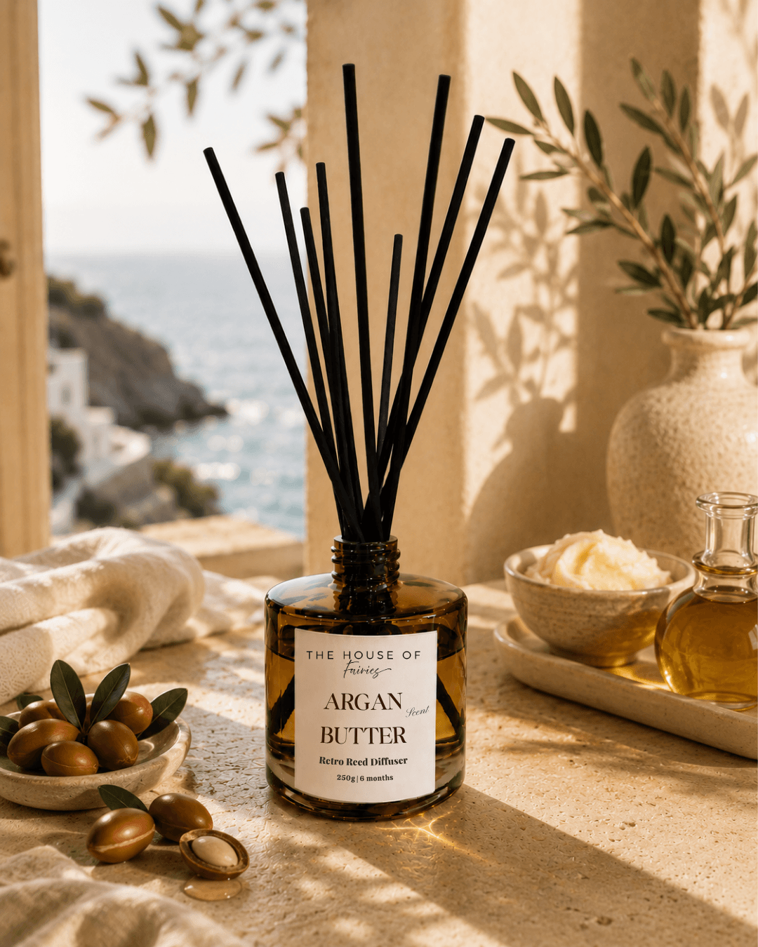 Luxury reed diffuser with elegant reeds, perfect for Mediterranean-inspired Cyprus homes